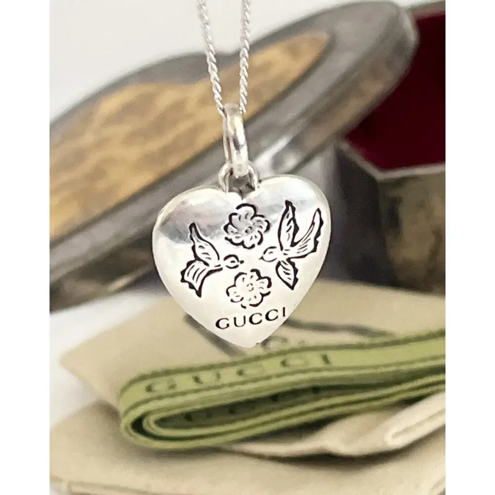 GUCCI 925 Sterling Silver Heart Necklace Pendant Floral & Bird Blind For Love